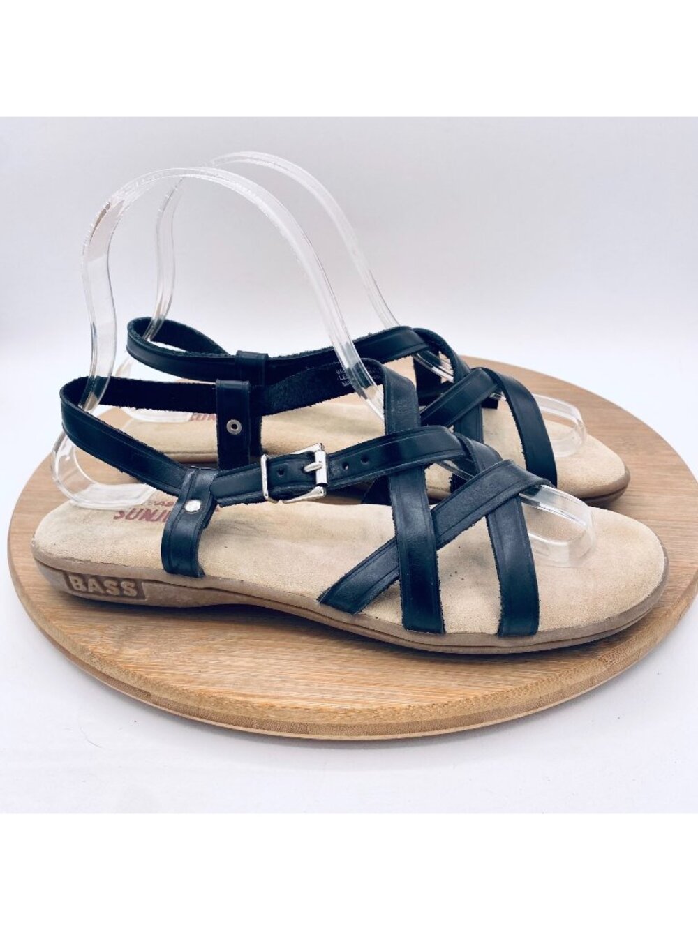 Vintage G H Bass Sunjuns Sandals 7 W Black Leather Comfort Slingback Flats Peep